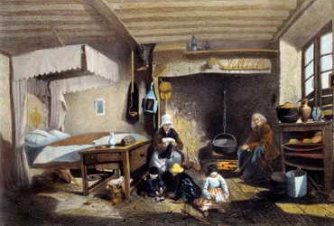 Bondeinteriør nær Royat i Auvergne. Moren syr, faren sitter ved den store peisen mens barna leker. Litografi av Armand Theophile Cassagne (1823-1907) 1800-tallet. Musee National des Arts et Traditions Populaire, Paris.