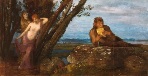 ""Soiree de Printemps"" (våraften) Pan spiller sin fløyte, liggende på en stein, mens to nereider lener seg liderlig mot stammer - Maleri av Arnold Bocklin (1827-1901) 1879 Szepmuveszeti Muzeum, Budapest