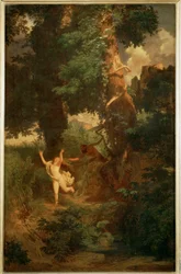 Syrinx von Pan verfolgt - Syrinx flykter for Pan … (maleri på lerret)