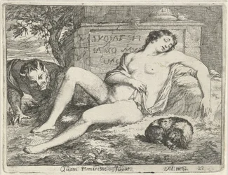 Sovende nymfe med en hund spionert av en satyr Quam meminisse Juvat (tittel på objekt) Scene med syndestatuer åpnet til tjeneste for malere, statueholdere osv. (serietittel)