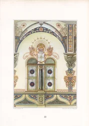 Dekorativ interiørarkitektur i jugendstil med buegang og heraldiske elementer (lito)