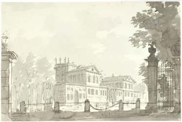 Slott i inngjerdet park, t.h. en gitterport