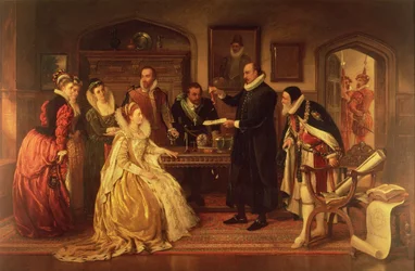 Dr William Gilbert (1544-1603) viser sitt eksperiment på elektrisitet til dronning Elizabeth I og hennes domstol, 1800-tallet (se detalj 99460)