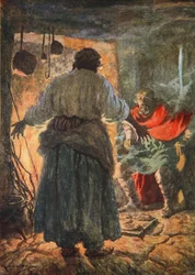 Alfred blir skjelt ut for å ha brent kakene (farge litho)
