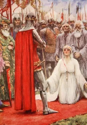 Kong Edward så ned i dronning Philippas bedende øyne (farge litho)