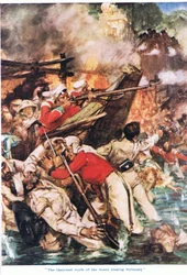 Stråtakene på båtene brenner rasende (farge litho)