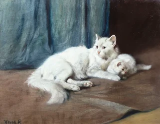 En hvit persisk katt med kattungene sine (olje på lerret)