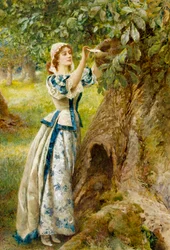 Romantikken: «Kjærlighetens postkasse» En ung kvinne legger et brev til sin elsker i en trestamme. Maleri av Arthur Hopkins (1848–1930)