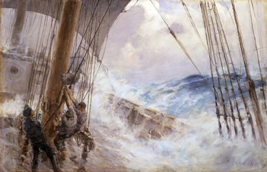 Manøvrer for å senke seilet fra stormasten i storm. Olje på lerret