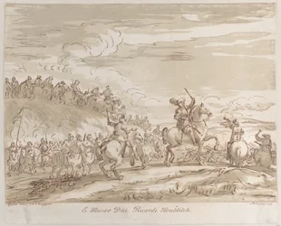 Kavaleriet rykker frem til angrepet, med en sentral skikkelse på hesteryggen som hever et sverd, 1735., 1735.