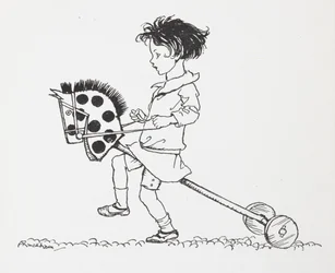 En liten jente på en lekehobbyhest.