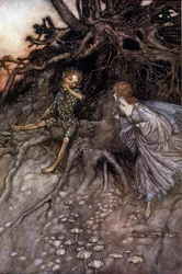 Akt II, Scene I Puck & a fairy; Puck innrømmer at han er "" den glade vandreren om natten." Illustrasjon av Arthur RACKHAM (1867-1939) for Drømmen om en sommernatt av William SHAKESPEARE