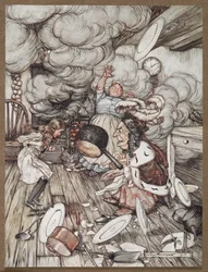 Alice på et kjøkken med hertuginnen, en kokk og Cheshire Cat