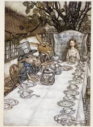 Alice tar "" i dårene""" (Hatteren og Mars Lievre) - i "" The Adventures of Alice in Wonderland""", Lewis Carroll, ill. av Arthur Rackham (1867-1939)