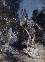 Bottom, mannen med eselhodet, og Titania, feenes dronning. Illustrasjon av Arthur Rackham (1867-1939) til En midtsommernattsdrøm av William Shakespeare