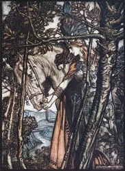 Brünnhilde fører hesten sin ved hodelaget. Illustrasjon for Rhinegold og Valkyrien av Richa