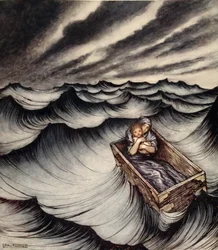 Danae klappet barnet sitt tett, illustrasjon fra 'A Wonder Book for Girls and Boys' av Nathaniel Hawthorne