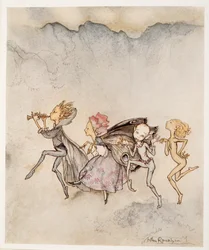 Hver og en, snubler på tåen, vil være her med mopp og klipp, illustrasjon fra William Shakespeares The Tempest, pub. 1926