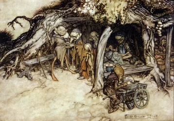 Alver lager en jakke, Illustrasjon av Arthur RACKHAM (1867-1939) for The Dream of a Summer Night av William SHAKESPEARE