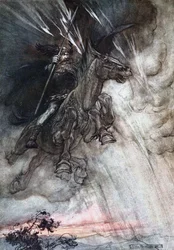 Rasende rir Wotan til klippen. Illustrasjon til Rhinenes gull og Valkyrien av Richard