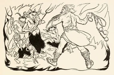 Goll mac Morna angriper helvete for å redde Fionn og Fianna-finnen, fra The Little Brawl at Allen i Irish Fairy Tales