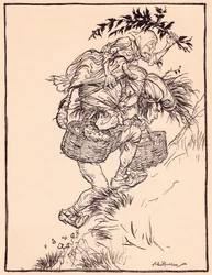 Han stønner konstant og klatret opp på fjellet. Illustrasjon av Arthur Rackham fra Grimm