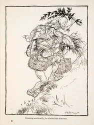 Stønnende hele tiden klatret han opp i fjellet, fra Little Brother & Little Sister and Other Tales av brødrene Grimm, pub.1917 (litho)