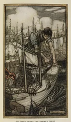 Gulliver fanger fiendens flåte, illustrasjon fra Gulliver