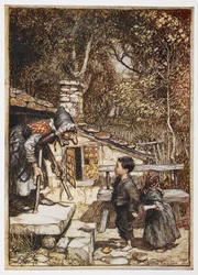Hansel og Grethel hjemme hos den gamle kvinnen.