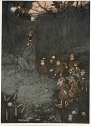 Faren hans hadde sett dem i sine gamle nederlandske kjoler spille på nipins., fra Rip Van Winkle ved Washington Irving, pub. 1910