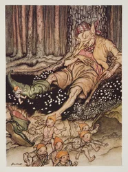 Hop-o-my-thumb gikk sakte opp til Ogre og dro av seg syv-ligastøvlene hans, fra The Arthur Rackham Fairy Book, pub. 1933