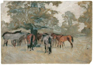 Hester under et tre (olje på papir)