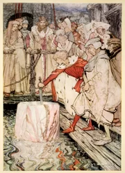 Hvordan Galahad trakk frem sverdet fra den flytende steinen ved Camelot, illustrasjon fra 