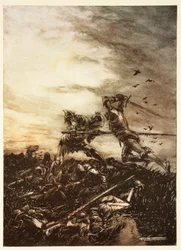 Hvordan Mordred ble drept av Arthur, og hvordan Arthur ble drept av ham, illustrasjon fra Alfred Pollards "The Romance of King Arthur and His Knights of the Round Table"