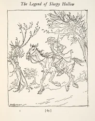 Ichabod Crane rømmer fra the Headless Horseman, fra The Legend of Sleepy Hollow av Washington Irving (1783 - 1859), pub. 1928