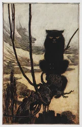Illustrasjon fra Jorinde og Joringel av en svart katt.