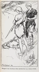 Illustrasjon av Imogen og hennes brødre fra Cymbeline.