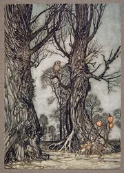 Linkmenn som løper foran og bærer vinterkirsebær, fra Peter Pan i Kensington Gardens av J M Barrie (1860 - 1937), pub. 1906