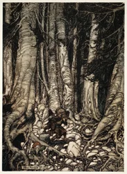 Gjensidig avlastende hverandre klatret de opp i en smal slukt., fra Rip Van Winkle av Washington Irving, pub. 1910