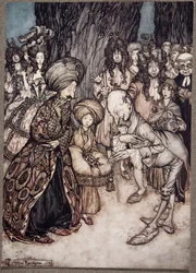 My Lord Duke, sa legen opprømt, jeg har den ære å informere Deres fortreffelighet at Deres nåde er i kjærlighet.., fra Peter Pan i Kensington Gardens av J M Barrie (1860 - 1937), pub. 1906 (farge