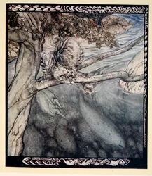 "Livet mitt ble et uopphørlig sus og sår og flukt, en byrde og angst for våkenhet", illustrasjon fra "Irish Fairy Tales" av James Stephens, 1920