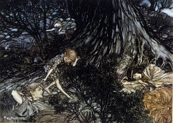 Puck setter et magisk filter på øyelokkene til sovende karakterer. Illustrasjon av Arthur RACKHAM (1867-1939) for Drømmen om en sommernatt av William SHAKESPEARE