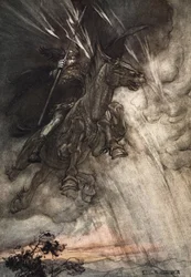 Rasende rir Wotan til klippen! Som en stormvind kommer han!, frontispis til «Rhingullet og Valkyrien»