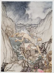 Kongens skip ligger trygt i havn, illustrasjon fra William Shakespeares Stormen, utgitt 1926