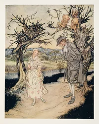 Spaserer med i Twilight.., fra The Legend of Sleepy Hollow av Washington Irving (1783 - 1859), pub. 1928