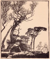 Hun krøp etter dem i all hemmelighet, som hekser kryper. Illustrasjon av Arthur Rackham fra Grimm