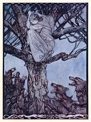 Hun så med sint ve på den anstrengende og snerrende horden nedenfor. fra The Wooing of Becfola in Irish Fairy Tales