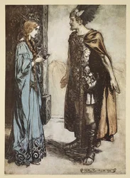 Siegfried gir drikkehornet tilbake til Gutrune, og stirrer på henne med plutselig lidenskap, illustrasjon fra 