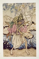 Sinbad bar Old Man of the Sea på sine skuldre, fra The Arthur Rackham Fairy Book, pub. 1933