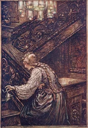 Så hun grep ham med to fingre, og bar ham oppover .., fra The Fairy Tales of the Brothers Grimm, pub. 1909
